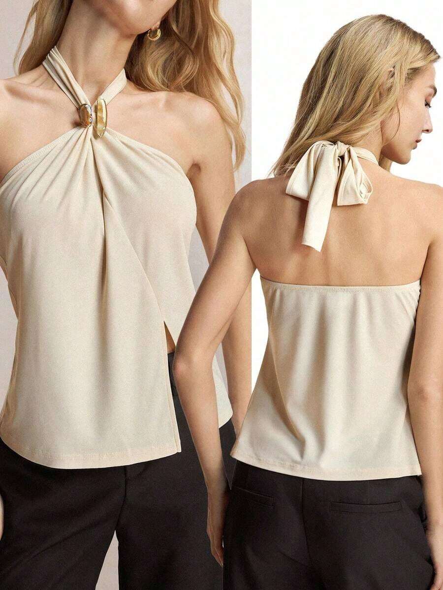 Top con cuello de halter, diseño de botón de metal verde, abertura lateral, elegante y chic para uso urbano y diario, estilo romántico retro de los 90.Adecuado para Navidad, Año Nuevo, San Valentín, fiestas, playa, graduación, moda, carnaval, bod - Albaricoque 2 - Ver 1