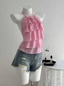 Blusa casual de mujer con cuello de volantes en capas de unicolor - Rosado Sandía - Ver 4