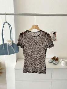 Blusa ajustada de cuello redondo con estampado de leopardo vintage de malla, elegante y casual para uso diario - Multicolor - Ver 2