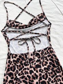 Vestido informal y romántico para vacaciones con estampado de leopardo, cuello drapeado, espalda descubierta y lazada - Multicolor 2 - Ver 5