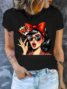 Camiseta con estampado de carácter vintage, top casual de manga corta y cuello redondo, adecuada para usar en primavera y verano, cómoda y transpirable, apta para todas las estaciones, ropa de mujer. - Negro - Ver 2