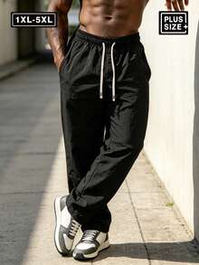 Plus Size Men's Woven Casual Straight Leg Pants, Loose Drawstring Style, Lightweight & Comfortable Casual Trousers Black Sports - Black - View 4
