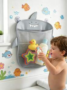 Shark Shaped Storage Bag - Baby Bathroom Mesh Bag, Cartoon Animal Hanging Storage Mesh Bag, Toy Storage Bag, Children's Bathroom Supplies, Children's Bathroom Toy Storage Mesh Bag, Baby Bath Supplies, Birthday Gift, Party Favors, Shark Theme Decor, Suction Cup Hanging Bag - Shark - View 3
