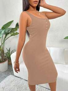 Vestido largo de punto ajustado con medio botón y acanalado, color burdeos, atuendo de mujer - Caqui - Ver 7