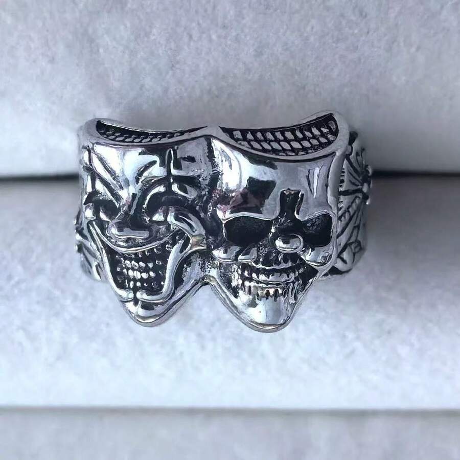 1 pieza Anillo de estilo gótico retro de doble cara del Joker del bien y del mal para hombres - Plata antigua - Ver 1