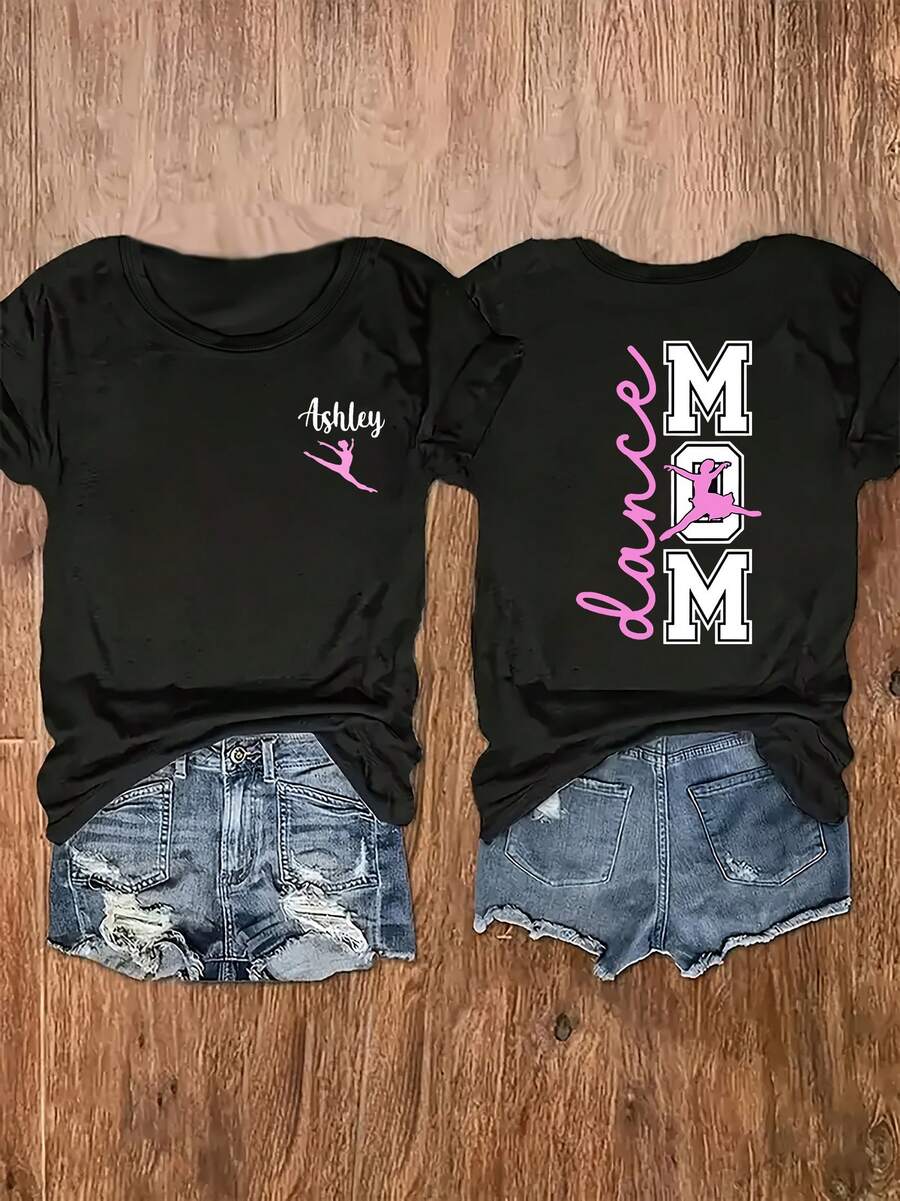 Women's Ballet And MOM Graphic T-Shirt - Casual Crew Neck Short Sleeve Top, Soft And Stretchy, Machine Washable, Ideal Mother's Day Gift For Spring And Summer, Comfortable And Stylish Clothing For Moms, Application Details - 黑色 - 查看 1
