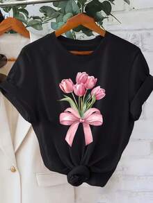 Women's T-Shirt With A Watercolor Tulip Print, Ideal For Spring Outings And Daily Commutes, With A Soft And Sweet Style, Short Sleeves And A Vibrant Vibe. - 黑色 - 查看 1