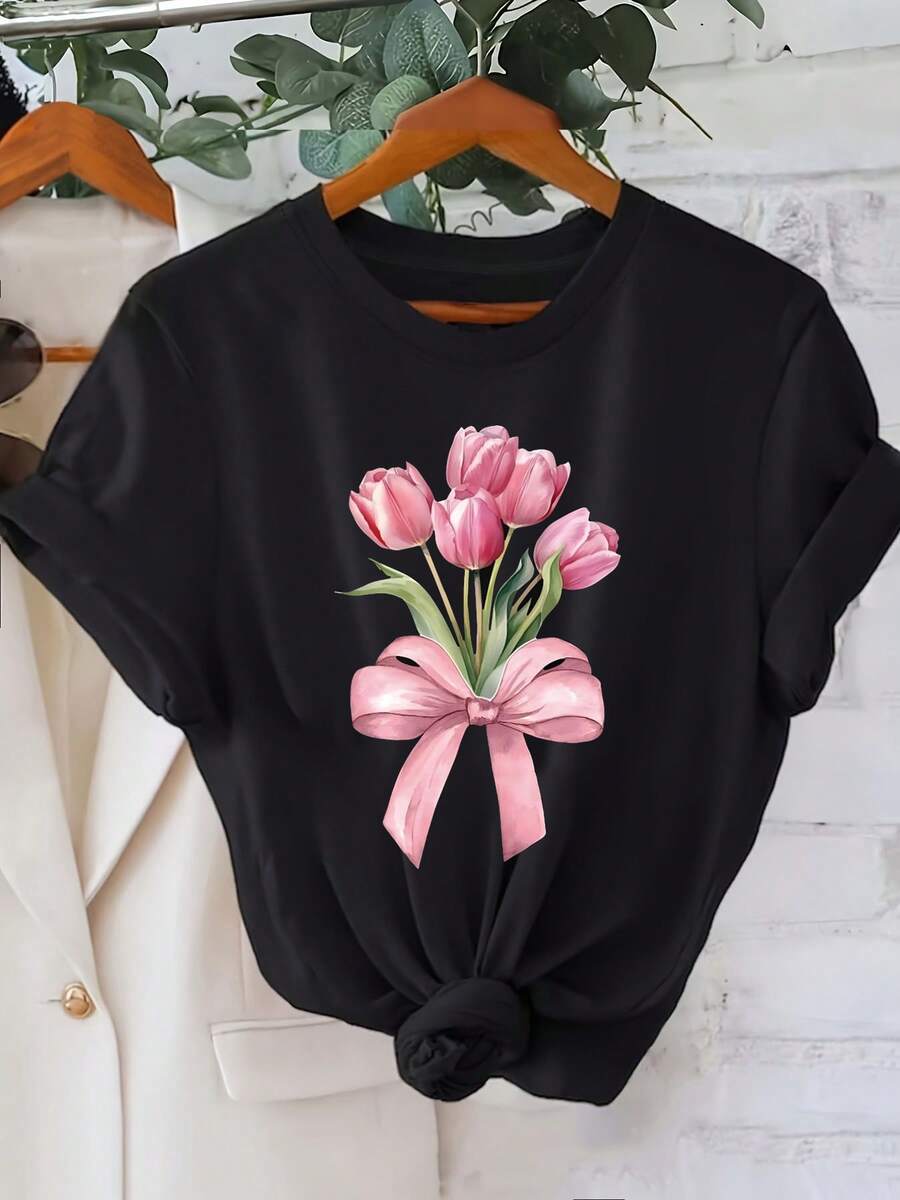 Women's T-Shirt With A Watercolor Tulip Print, Ideal For Spring Outings And Daily Commutes, With A Soft And Sweet Style, Short Sleeves And A Vibrant Vibe. - 黑色 - 查看 1