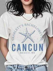 Skarlett's Bachelorette Party T-Shirt, Cancun, Mexico, Starfish Print, Beach Vacation, Women's Summer Casual Wear, Gift For The Bride-To-Be, Short Sleeve T-Shirt. - 白色 - 查看 6