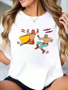 Loose 100% Cotton Wrestling T-Shirt - Mexican Wrestling Mask - Wrestler T-Shirt, Santo Mask, Santo Mask Basic Crew Neck Cotton T-Shirt For Women - 白色的 - 查看 7