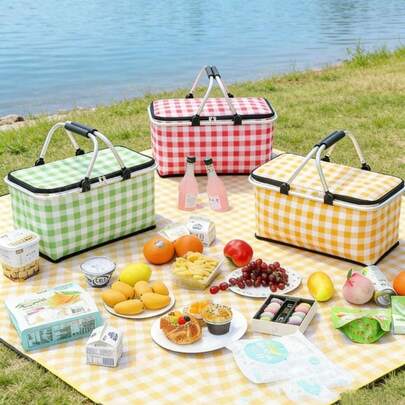 Fashionable Insulated Lunch Bag, Minimalist Picnic Basket, Office/Student Lunch Box Bag, Aluminum Foil Insulated Bag, 2-In-1 Outdoor Shopping Storage Bag, Multifunctional Outdoor Picnic Basket