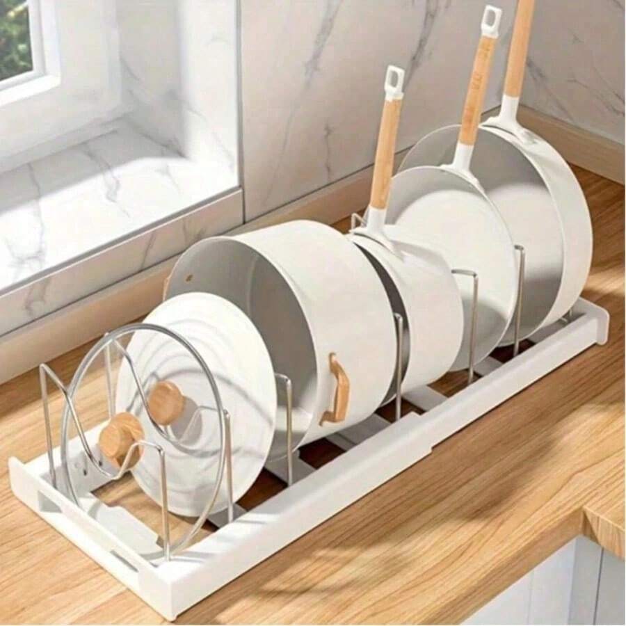 Mustorn Pots And Pans Organizer Under Cabinet, 22" Expandable Food Storage Container Lid Organizers With 9 Adjustable Dividers Pot And Pan Lid Holders Rack Inside Cabinet/Countertop(1 Pack, White) - 查看 1