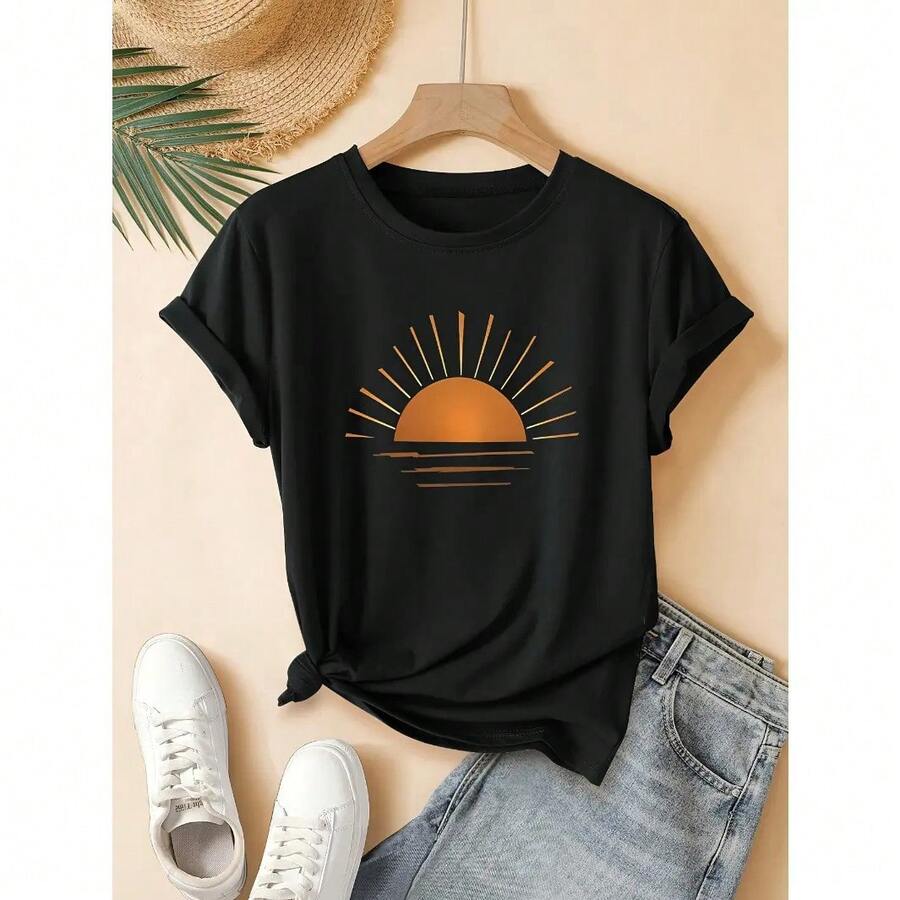 Camiseta de algodón para mujer con estampado de rayos de sol al atardecer, manga corta, cuello redondo, estilo casual para verano, playa y vacaciones, suave, transpirable, para uso diario y ropa de calle. - Negro - Ver 1