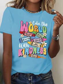 (001 # ) Fashionable Women's T-Shirt, Printed Design, Round Neck, Casual Short Sleeve T-Shirt For Women - 黑色 - 查看 9