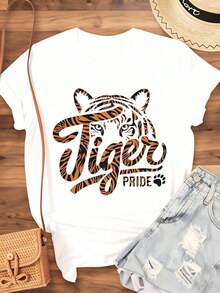 Women's Cotton T-Shirts With Tiger Pride Graphic Print, Casual Short-Sleeved Women's T-Shirt, Animal Print Top For School Events And Team Support, Women's Basic Blouses. - 白色 - 查看 3