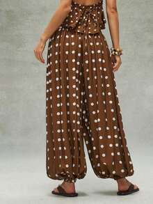 Pantalones sueltos de mujer con cordón y estampado de lunares tejido informal - Marrón - Ver 7