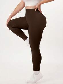 NcmRyu 1pc Women's Solid Color Ruched Waist Slim Fit Plus Size Sports Pants - Brown - View 3