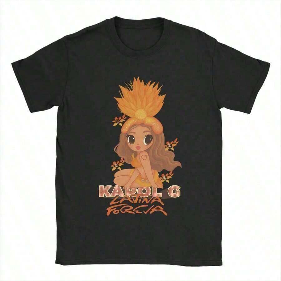 Men's Tropicoqueta 2025 Album T-Shirt By Karols G, Vintage, Beach, Round Neck, Printed, Fashionable, Plus Size. - 黑色 - 查看 1