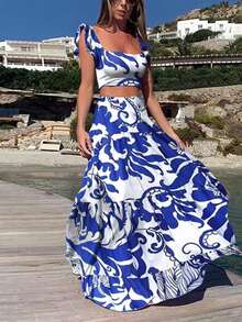 Conjunto de mujer dos piezas con top crop y falda larga maxi de estampado floral, escote halter, cinturón alto, tejido ligero y transpirable ideal para playa, vacaciones y verano, estilo boho chic perfecto para fiestas en la playa y resorts - Azul - Ver 1