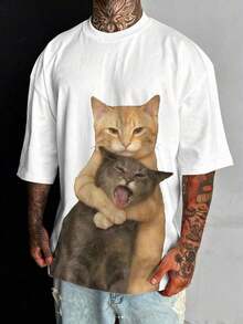 1 pieza Camiseta de cuello redondo de manga corta negra para hombre, diseño de estampado interactivo de gato, súper suave, transpirable y cómoda, anti-pelusas, camiseta de moda estadounidense audaz, adecuada para uso diario y atuendo con tema de mascotas - Blanco - Ver 2