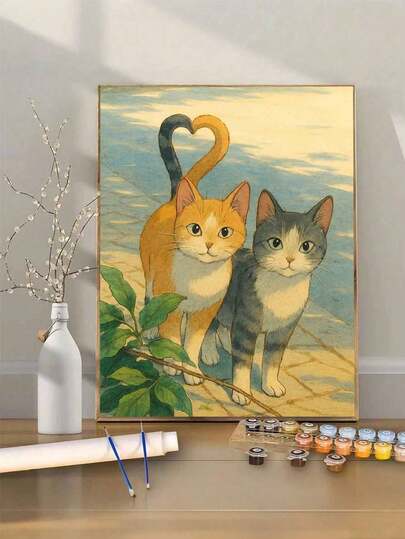 Two Cats Heart Tail DIY Oil Painting By Numbers Painting Crafts Adult Home Decoration 40x50cm/16x20inch Holiday Gifts