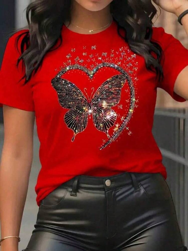 Butterfly Design T-Shirt With A Glitter Effect (It's A Print), Modern, Casual Women's Top, Round Neck, Short Sleeves, Ideal For Everyday Wear, Eye-Catching, Modern, Loose Fit, Perfect For You. 2026 - Đỏ - Xem 1