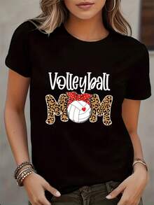 Camiseta Casual de Mujer Inspirada en Varsity - Manga Corta Suave y Transpirable con Cuello Redondo, Estampado de Leopardo y Diseño "VOLLEYBALL MOM", Lavable a Máquina, Ajuste Regular para Primavera/Verano - Negro - Ver 1
