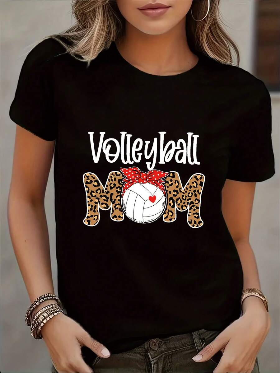 Camiseta Casual de Mujer Inspirada en Varsity - Manga Corta Suave y Transpirable con Cuello Redondo, Estampado de Leopardo y Diseño "VOLLEYBALL MOM", Lavable a Máquina, Ajuste Regular para Primavera/Verano - Negro - Ver 1