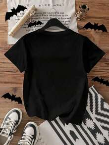 Camiseta de cuello redondo con gráfico de calabaza que brilla en la oscuridad para mujeres en HalloweenPure-Cotton - Negro - Ver 3