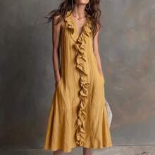 Women's Cotton And Linen Swing Dress, Sleeveless, V-Neck, Solid Color, Ruffled Trim, Spring-Summer - Yellow - View 2
