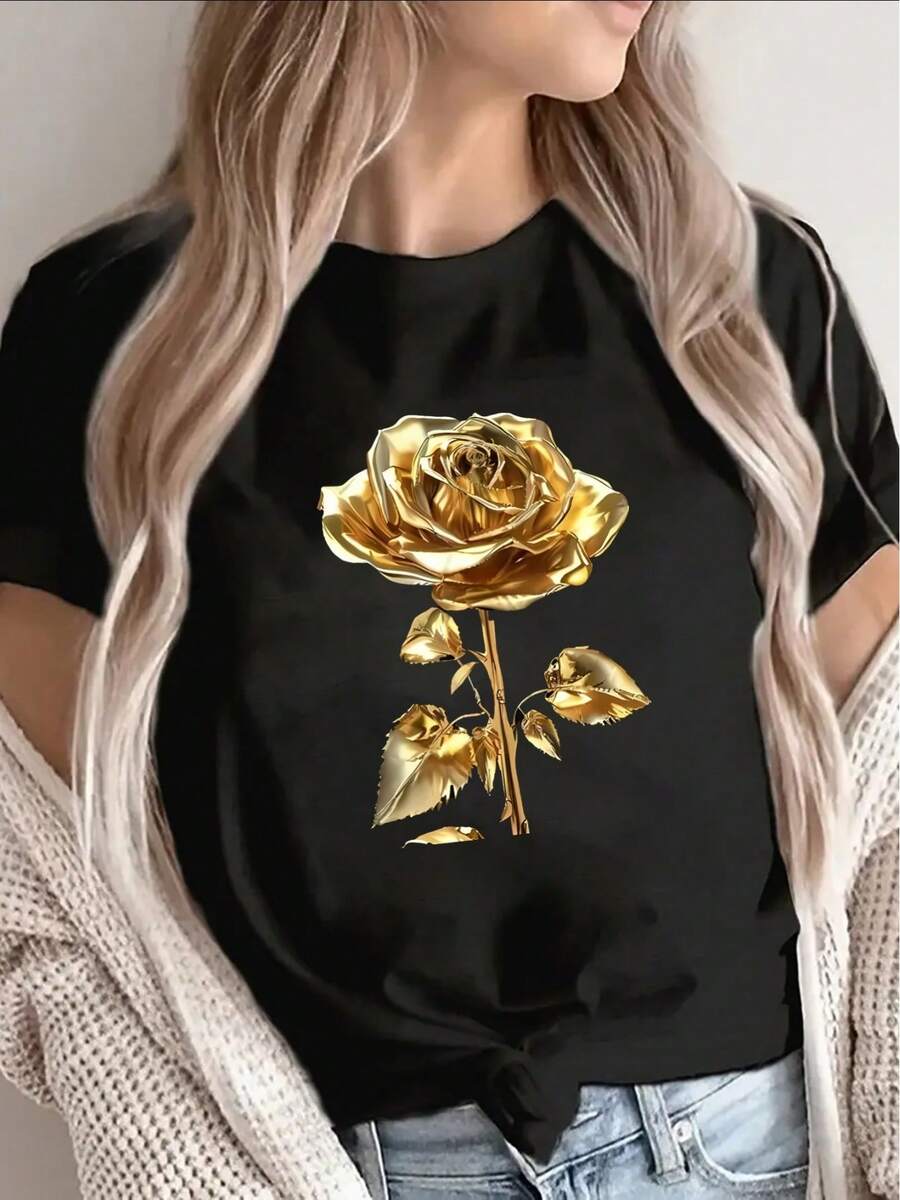 Polyester Short-Sleeved T-Shirt, Decorated With A Golden Rose Print, Lightweight And Durable, Suitable For Home, Restaurants Or Casual Outdoor Use; The Soft Fabric Provides A Comfortable Experience In Everyday Life. - 黑色 - 查看 1