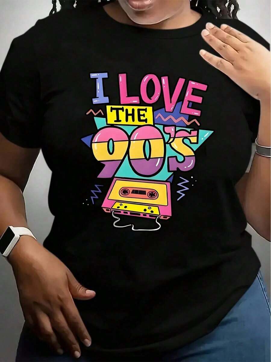 ropa de mujer Camiseta Casual para Mujer Diseño Retro de Cinta 'I Love The 90s' Estilo Vintage Camiseta Gráfica para Fiesta, Disfraz, Festival, Celebración camisas de mujer - Negro - Ver 1