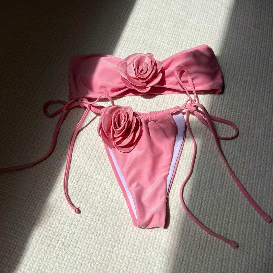 Nuevo bikini de color sólido rosa sin tirantes con cordón ajustable bikini9150 - durazno - Ver 1