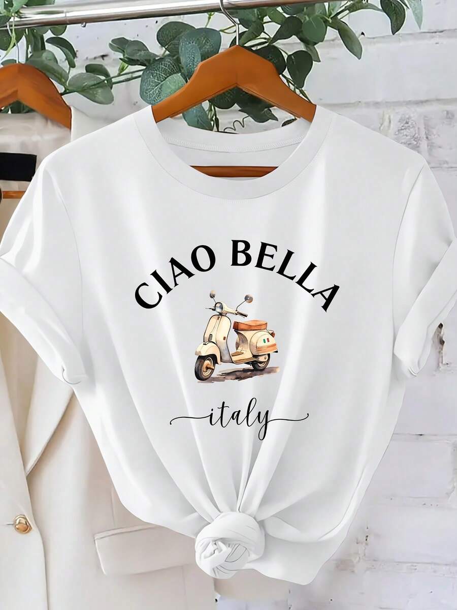 CIAO BELLA Camiseta de manga corta para mujer con estampado de motocicleta italiana, estilo vacacional, para primavera y verano, adecuada para el uso diario, elegante y estilizadora, con cuello redondo sencillo, cómoda y transpirable. - Blanco - Ver 1