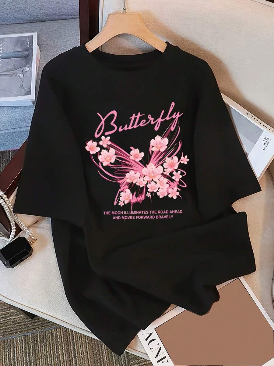 Camiseta de manga corta con estampado de mariposas estilo coreano para mujer, novedad de verano, corte holgado, estilo dulce y juvenil, a la moda. - Negro - Ver 1