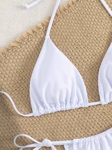 Women's Sexy Solid Color Halter Bikini Swimwear Set For Beach Vacation, Solid Color Sexy Bikini Set, Halter Tie Back And Side Tie Bottom Summer White - White - View 7