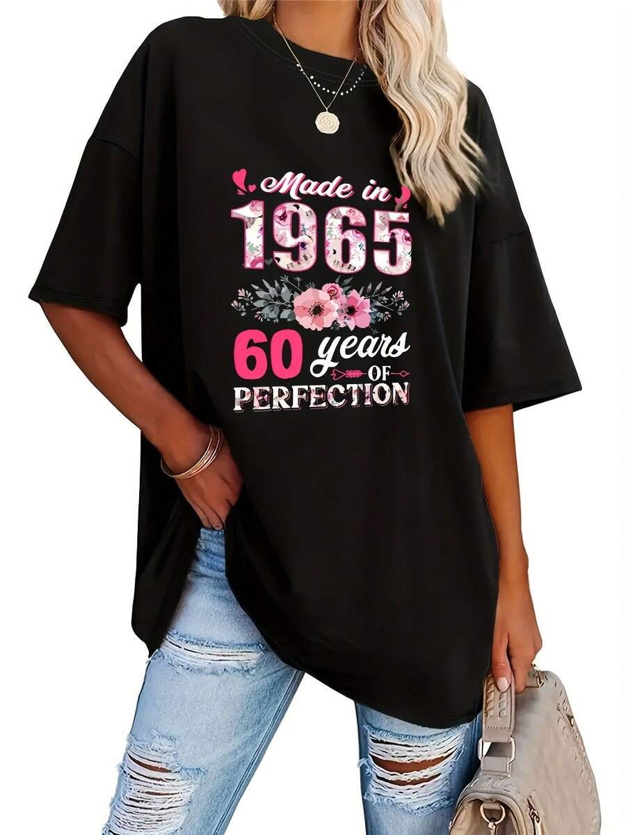 Talla Grande, Camiseta con Estampado de Letras, Manga Corta, Cuello Redondo, Top Casual, Ropa de Mujer - Negro - Ver 1