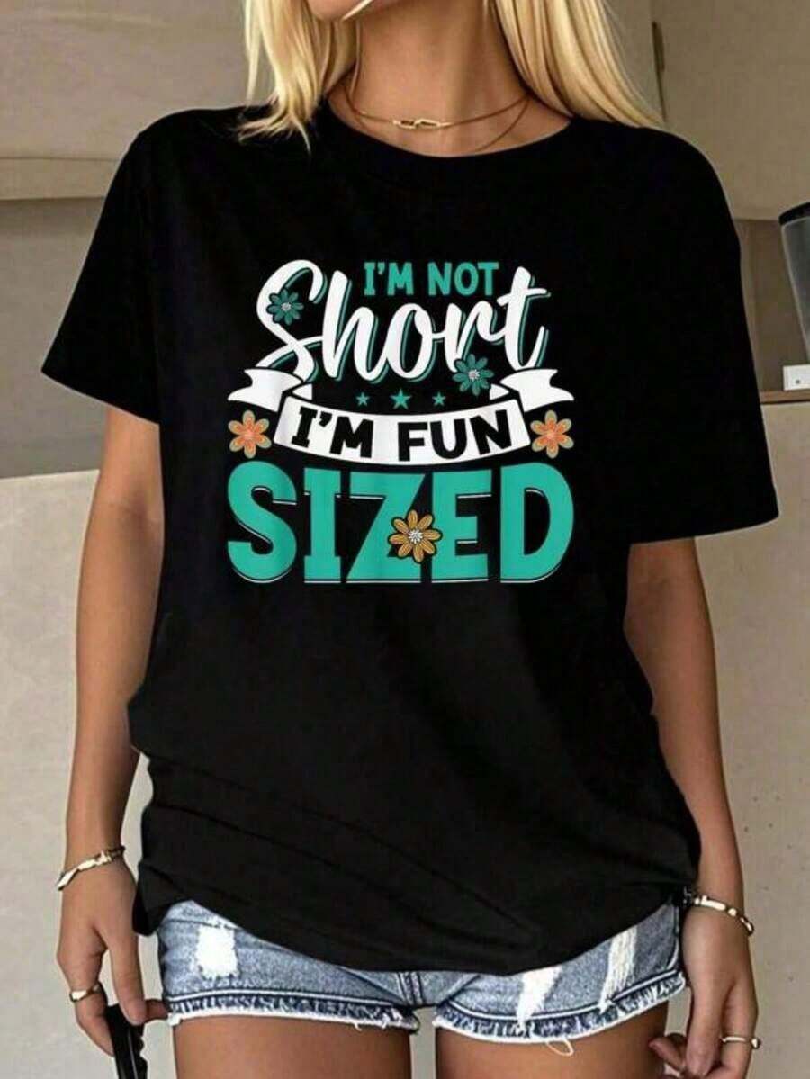 Women's And Unisex T-Shirts With The Slogan "I'm Not Short, I'm Funny-Sized" - 100% Soft, Breathable, And Confidence-Inspiring T-Shirt, Casual Short-Sleeved Crew Neck Top, Fun Body Positivity Gift. - 黑色 - 查看 1