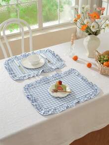 1pc/2pcs/6pcs Korean Style Plaid Placemats, Sweet Princess Candy Color Plaid Tablecloth With Ruffle Edge, Cute Food Plate Insulation Pad - Multicolor - View 4