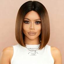 12 Inch Ombre Brown Short Bob Wig, Heat Resistant Synthetic Fiber, Middle Part Design, Fashionable Hair Color, Natural And Smooth Styling, Suitable For All Women, Cosplay, Theme Parties, Carnival - Multicolor - View 3
