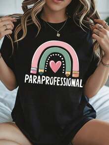 Elegante y casual para mujer, manga corta, camiseta blanca con estampado de corazón arcoíris, ropa casual para mujer, para las temporadas de verano y primavera. - Negro - Ver 1