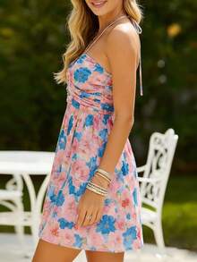 Women's Floral Halter Neck Mini Dress Ruched Backless A-Line Maternity Party Dress With Adjustable Self-Tie - Blue - View 4