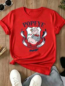 CasualPlayera roja de algodón para mujer con estampado de personaje de marinero de caricatura retro con escudo y texto, estilo nostálgico y llamativo, ideal para uso diario, salidas casuales y looks de veranoMust-have - Rojo - Ver 6