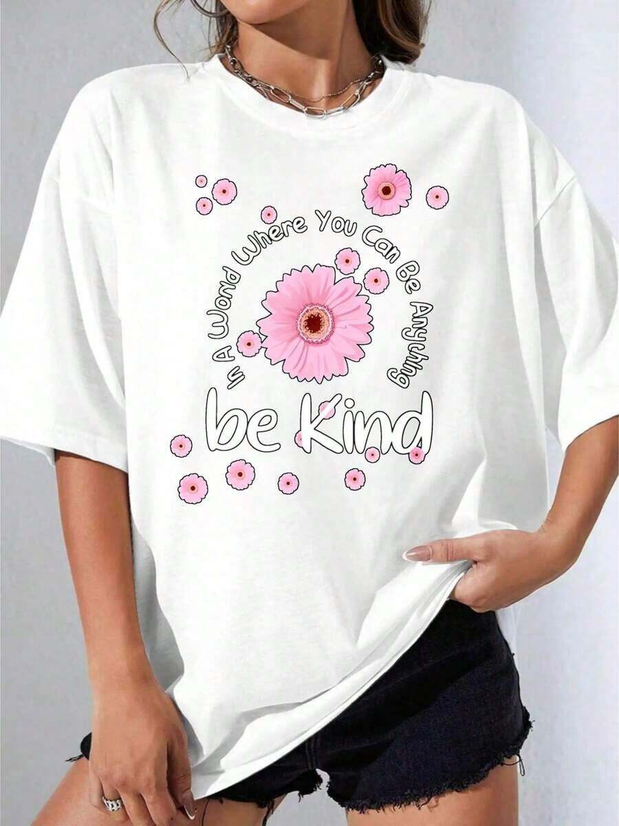 Camisetas de Mujer, Manga Corta Casual para Fiesta, Camiseta Oversize OneWhite con Flor Rosa y Frase "Be Kind" para Uso Casual 180g - Blanco - Ver 1