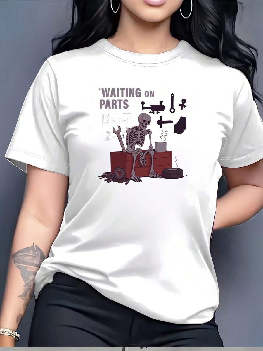 Camiseta con diseño de calavera "Waiting for Accessories" - Camiseta gráfica ligera de 180 g, adecuada para regalos familiares, eventos corporativos de team-building y ocasiones especiales. - Blanco - Ver 1