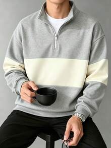 Men's Casual Fashionable Versatile Contrast Color Collegiate Style Comfortable Half-Zip Long Sleeve Sweatshirt, Autumn/Winter - Grey - View 1