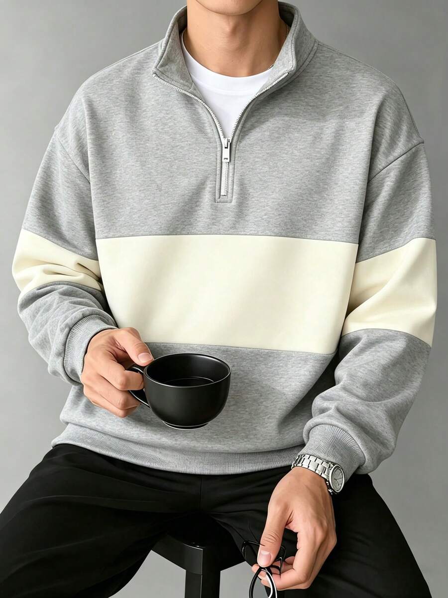 Men's Casual Fashionable Versatile Contrast Color Collegiate Style Comfortable Half-Zip Long Sleeve Sweatshirt, Autumn/Winter - Grey - View 1