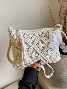 Handwoven Small Crossbody Bag, New Woven Shoulder Bag, Niche Beach Style, Versatile, Square Envelope Bag, Fashionable, Ins Style, Vacation Beach Bag - White - View 9