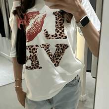 Camiseta Retro con Estampado de Leopardo y Corazones, Sexy, de Manga Corta, 100% Algodón, Transpirable, Cuello Redondo, Ropa Casual - Blanco - Ver 6