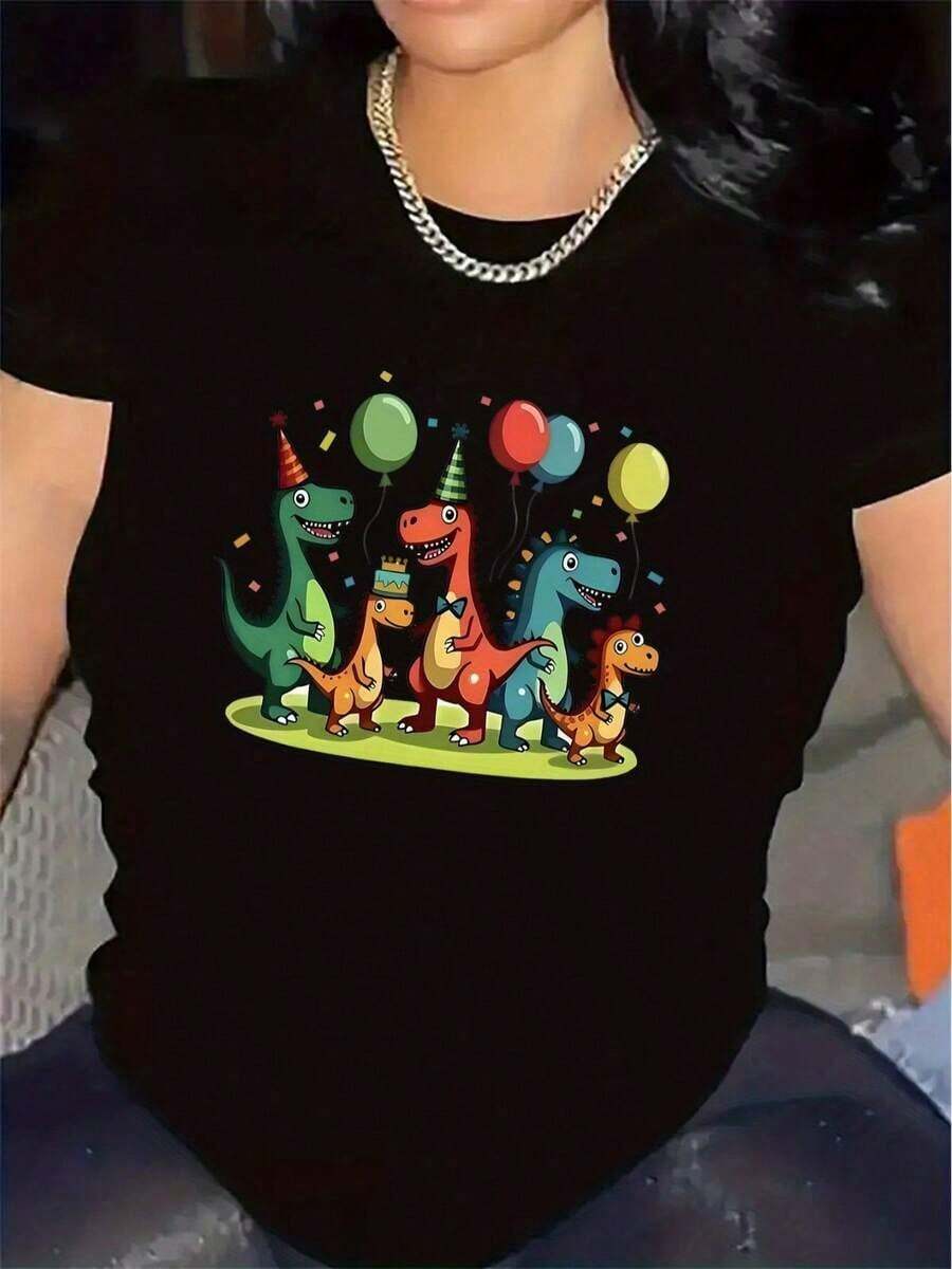 Camiseta de Fiesta de Dinosaurio para Mujer en Blanco y con Estampado de Dinosaurio y Globos - Ligera y Transpirable, Ideal para Fiestas de Cumpleaños, Ropa Casual, Outfits de Primavera, Verano y Otoño - Lavable a Máquina - Negro - Ver 1